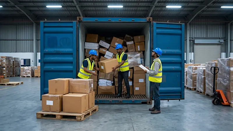 Step-by-step container destuffing process at Pakistani port — cargo unloading, customs verification and release workflow