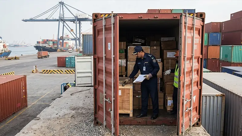 Customs physical examination of shipping container at Pakistan port — WeBOC Red channel inspection