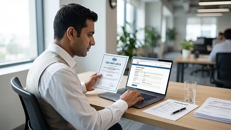 Importer verifying ISO 9001 certification of a freight forwarder in Pakistan using official certification body database