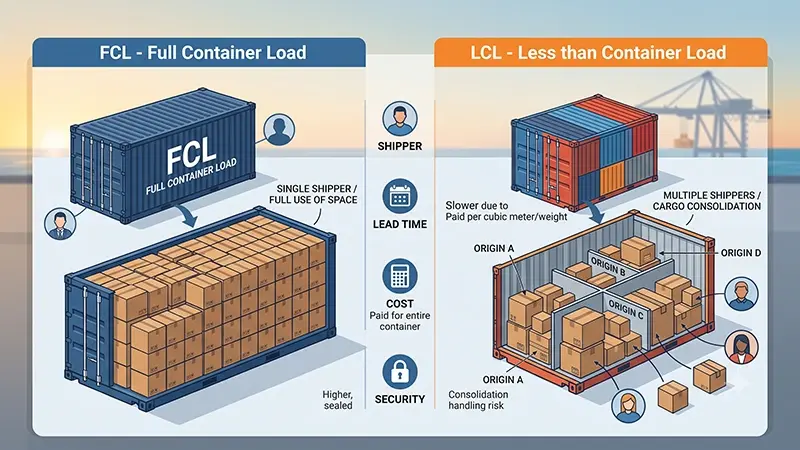 FCL vs LCL ocean freight comparison — Full Container Load and Less than Container Load shipping for Pakistani exporters