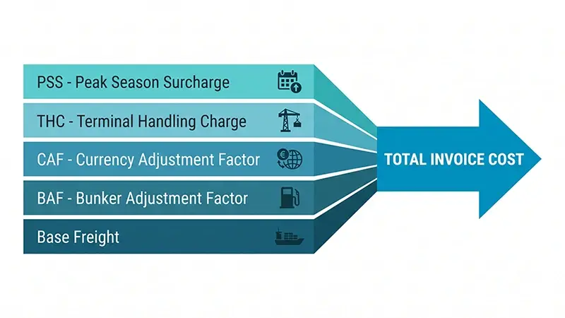 Ocean freight total invoice cost breakdown showing Base Freight, BAF, CAF, THC and Peak Season Surcharge