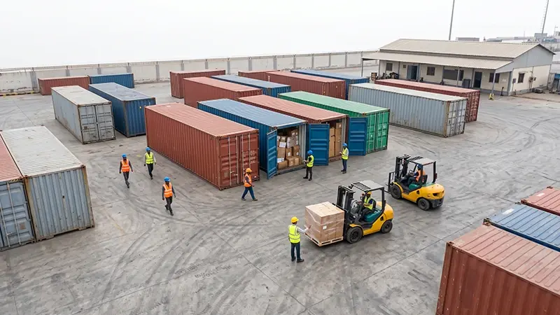 Customs physical examination during container destuffing at Pakistani port — Red Channel inspection and cargo verification